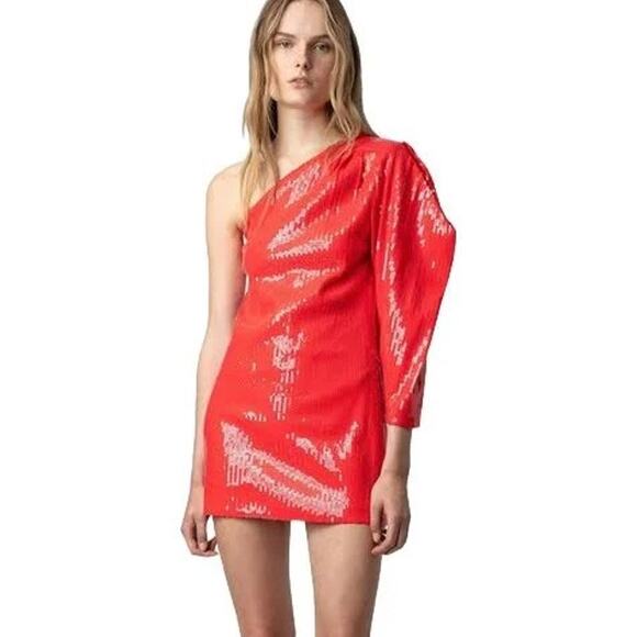 Zadig & Voltaire Roely Red Sequin One-Shoulder Dress, Holiday, Glam, Large NWT - Picture 1 of 11